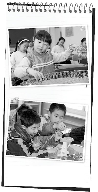 　圖1：鐵路五小古箏社團的孩子們正在演奏《高山流水》，圖2：科學課上，孩子們正在探索水的秘密。