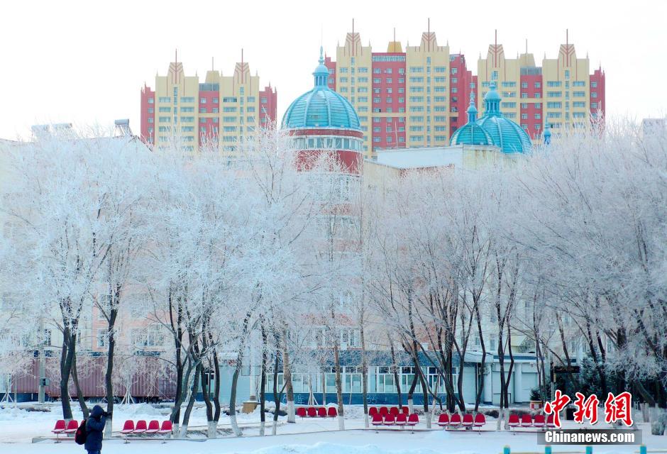 12月10日,受降溫天氣影響,黑河市黑龍江江畔出現(xiàn)綿延數(shù)公里的霧凇景觀。