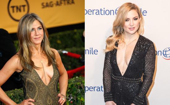 Jennifer Aniston & Kate Hudson出席重要場(chǎng)合也穿低胸裝。（圖片來(lái)源：臺(tái)灣東森新聞云）