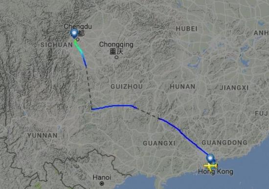  圖片來自航空網(wǎng)站flightradar24，圖顯示飛機(jī)安全降落成都