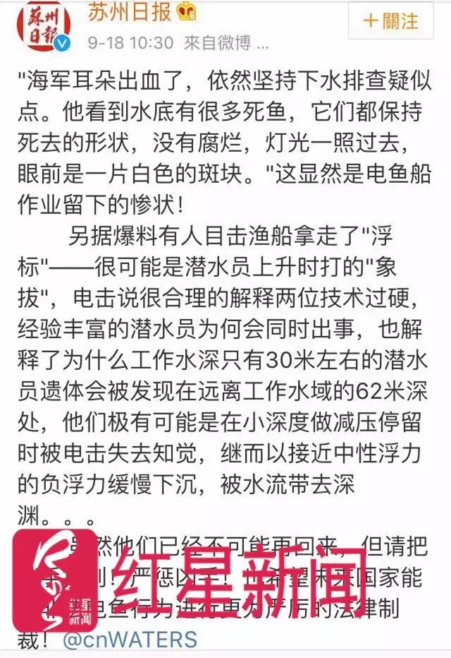 兩名潛水員水下探索遇難被疑遭電擊 或?qū)俜欠y繪