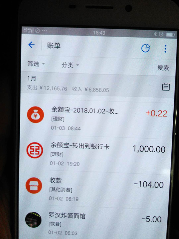 羅正宇2018年1月的支付寶賬單。