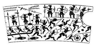 衛(wèi)輝市山彪鎮(zhèn)發(fā)掘出的戰(zhàn)國(guó)水陸攻戰(zhàn)紋銅鑒，上面有古人乘舟水戰(zhàn)的場(chǎng)面。